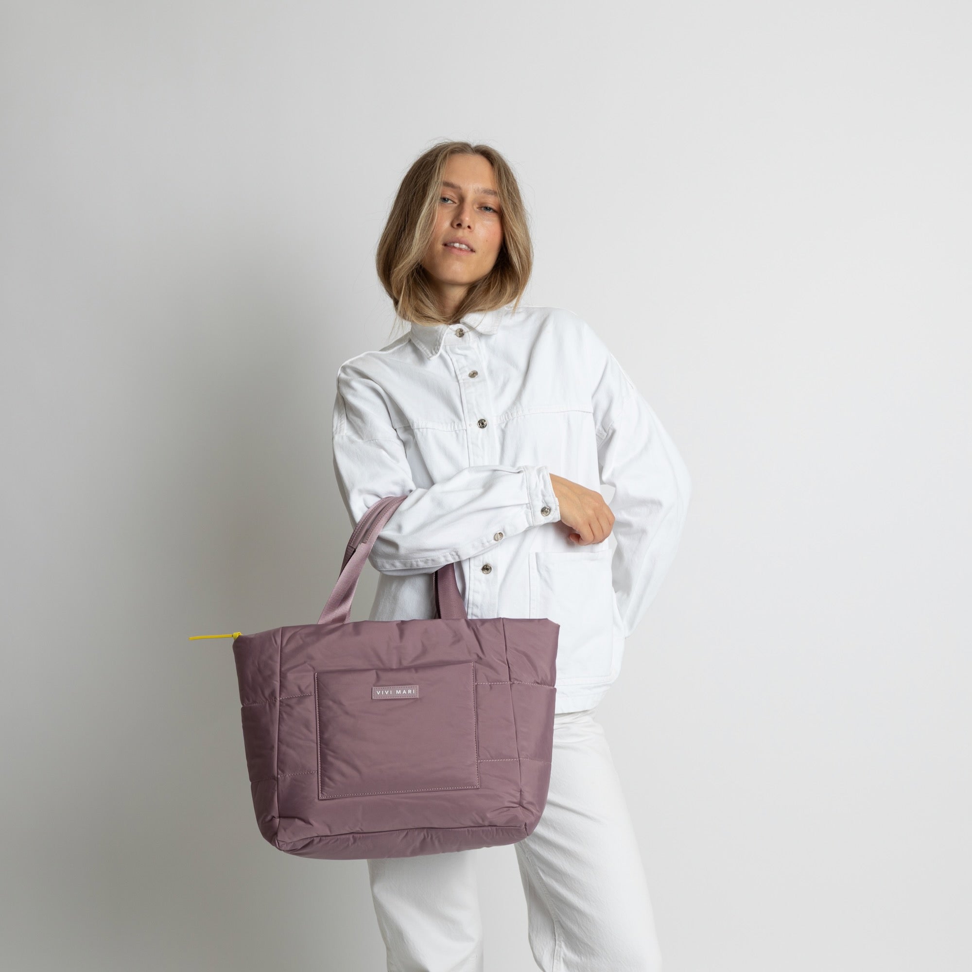 padded tote bag medium + strap basic woven slim - ash plum - VIVI MARI