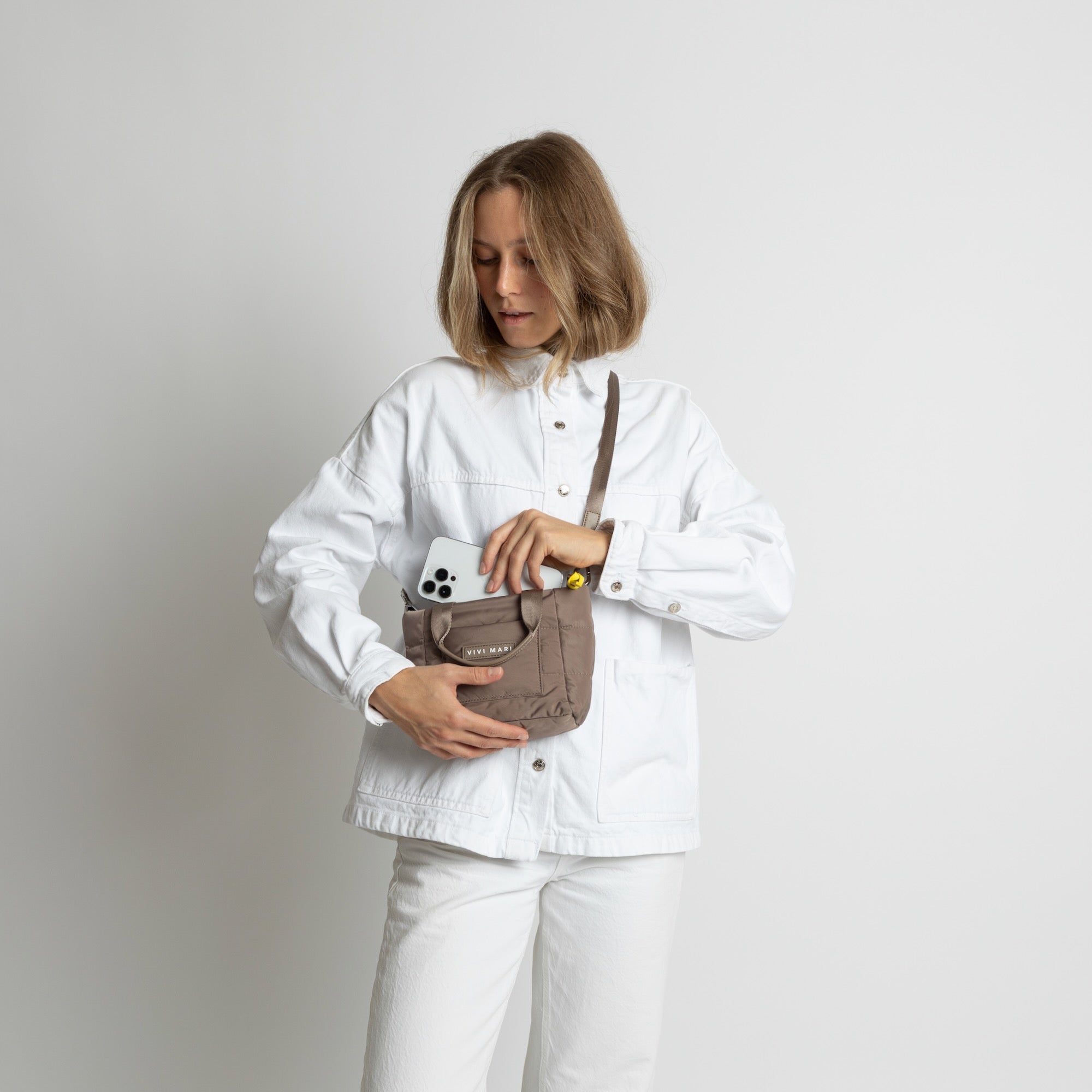 padded tote bag mini + strap basic woven slim - dark mushroom - VIVI MARI