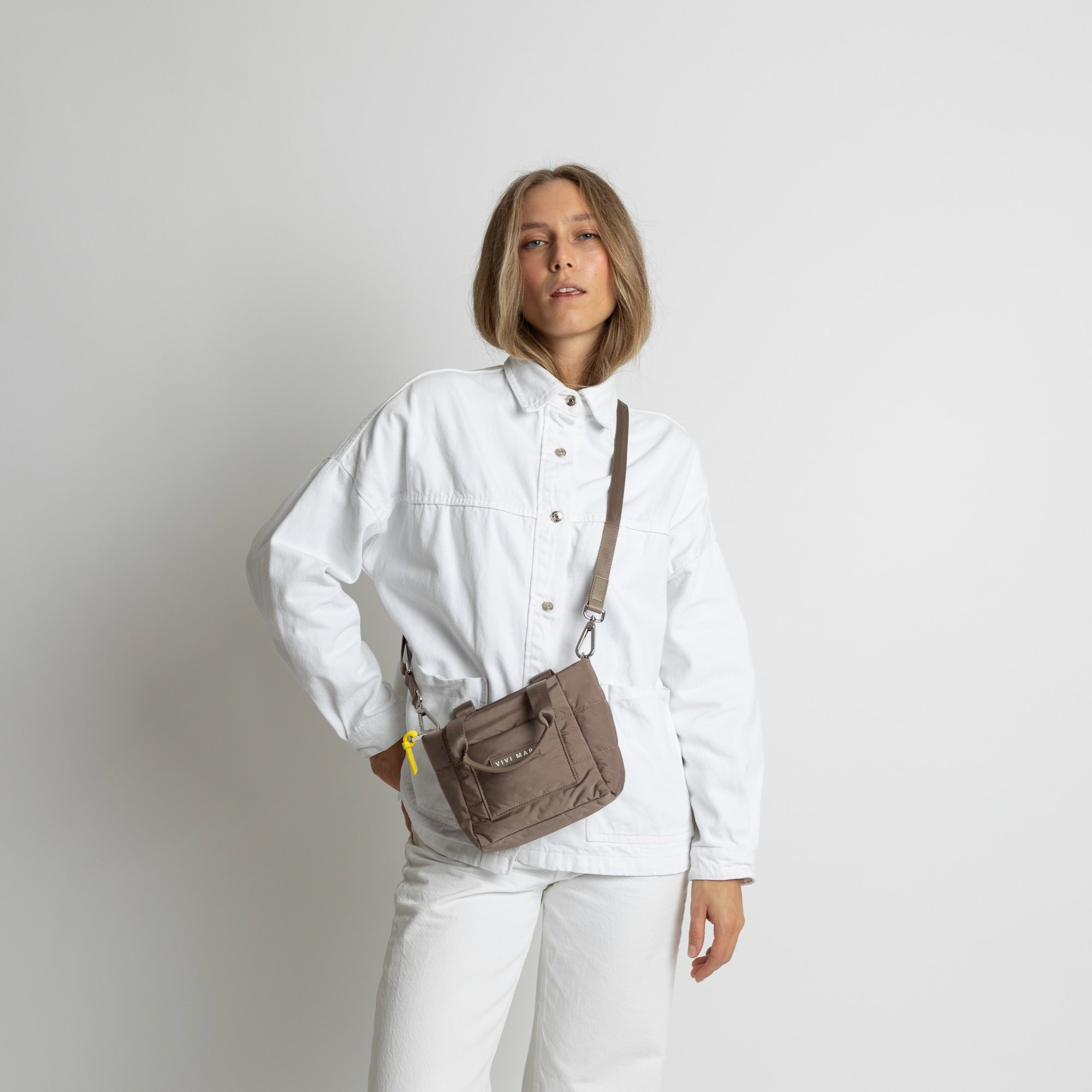 padded tote bag mini + strap basic woven slim - dark mushroom - VIVI MARI