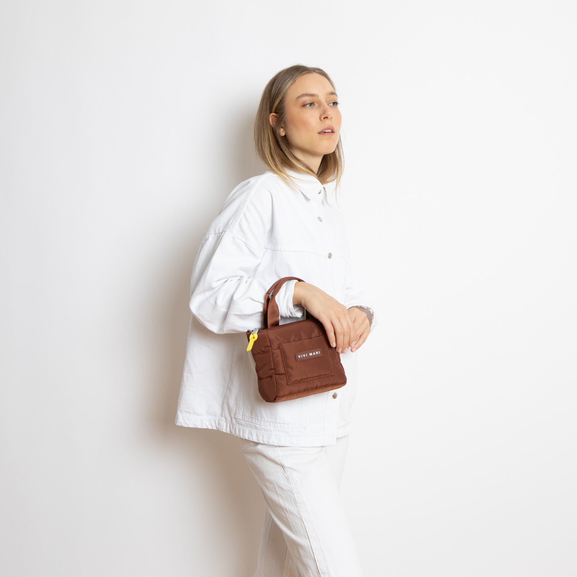 padded tote bag mini + strap basic woven slim - tan - VIVI MARI