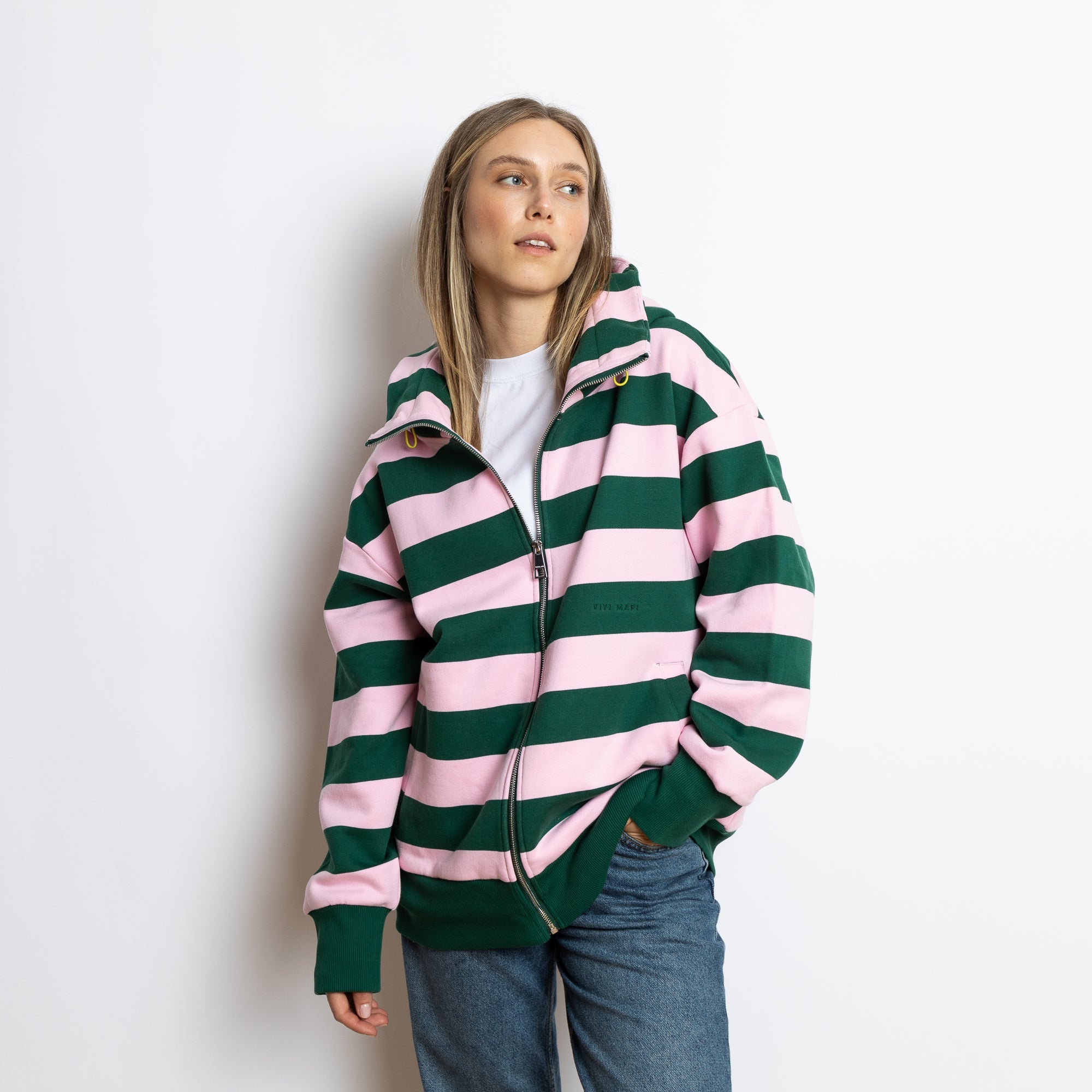 Sweat Jacket hoodie - bold stripes green/rosé - VIVI MARI