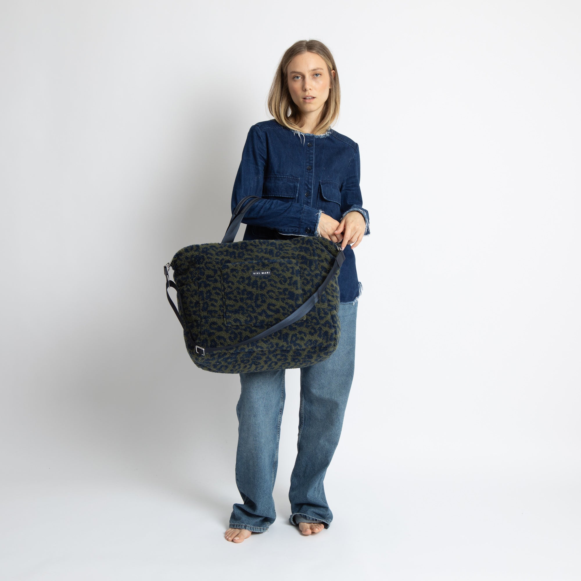 Teddy Tote Bag large + strap basic woven slim - leo splashes navy/olive - VIVI MARI