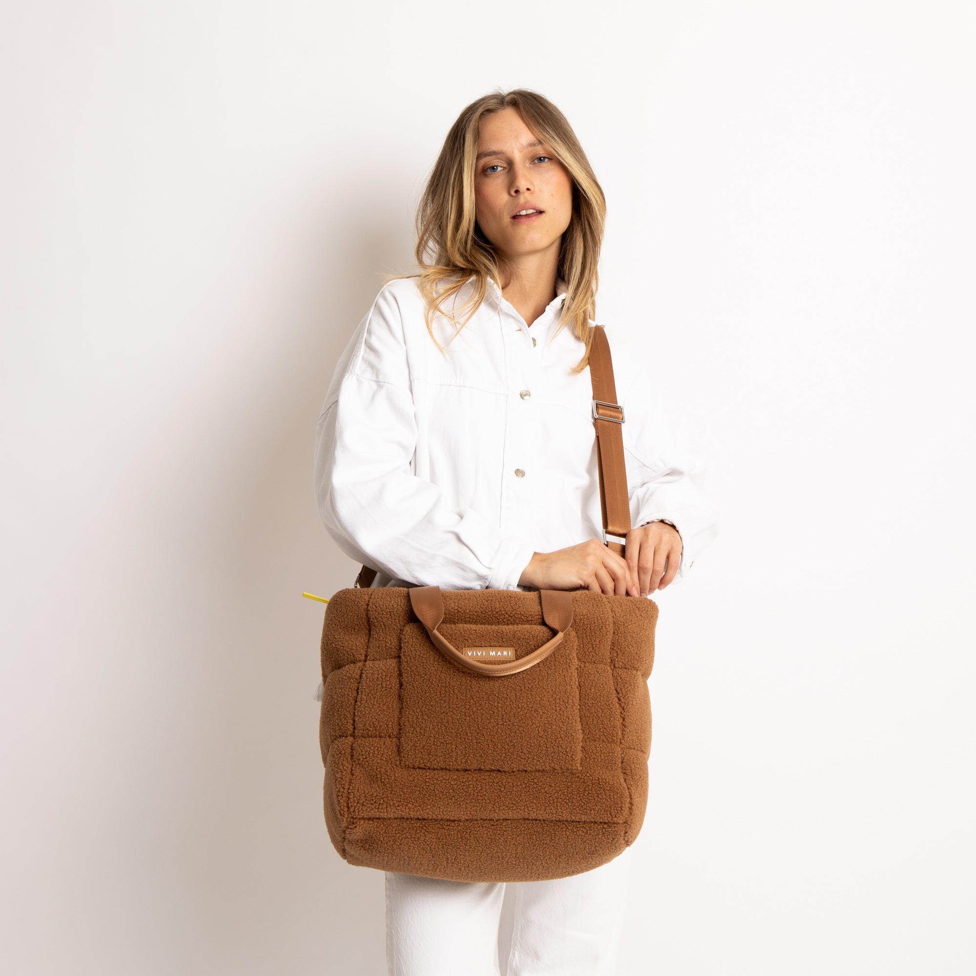 Teddy Tote Bag medium + strap basic woven slim - caramel - VIVI MARI