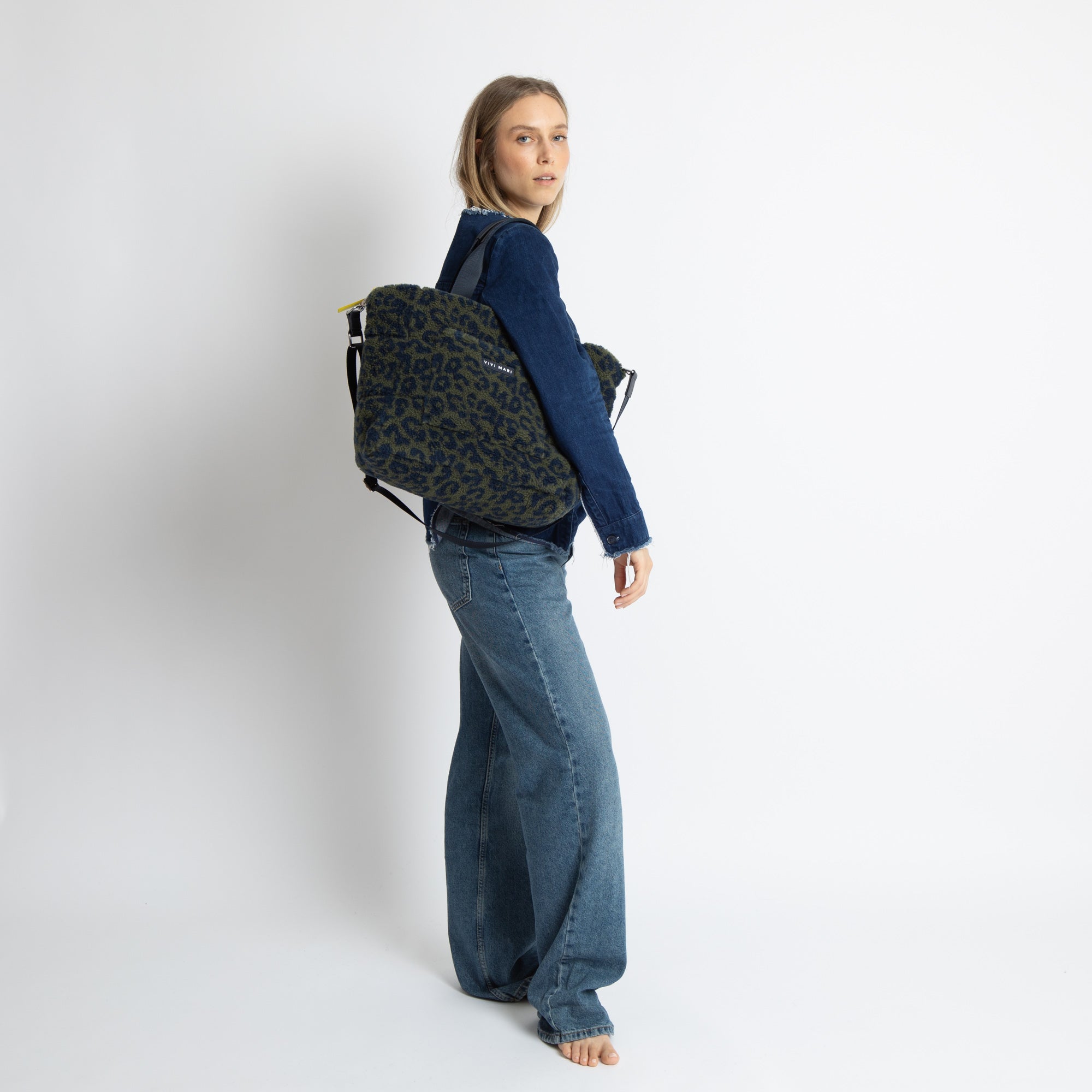 Teddy Tote Bag medium + strap basic woven slim - leo splashes navy/olive - VIVI MARI