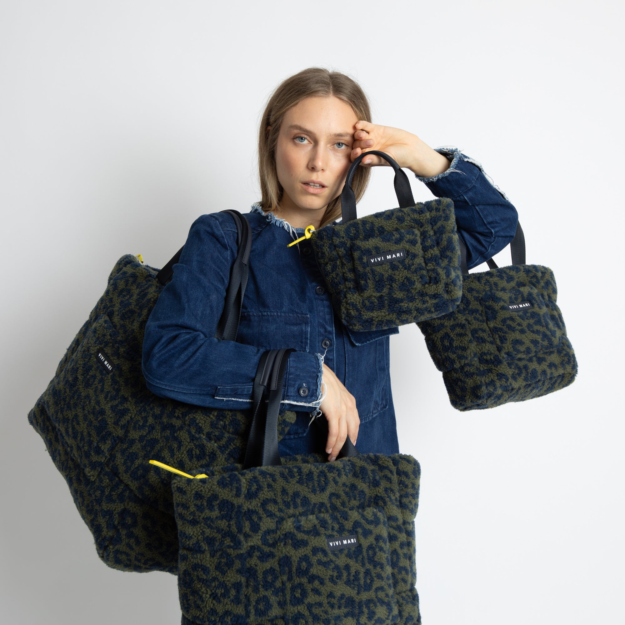 Teddy Tote Bag mini + strap basic woven slim - leo splashes navy/olive - VIVI MARI