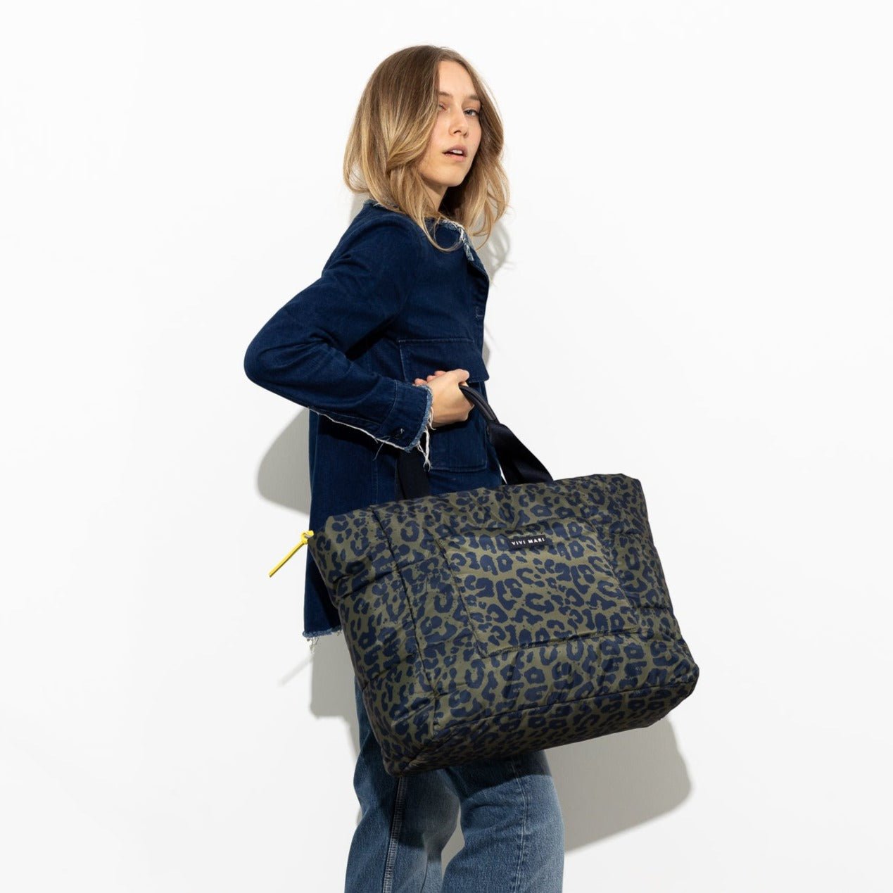 padded tote bag large + strap basic woven slim - leo splashes navy/olive - VIVI MARI