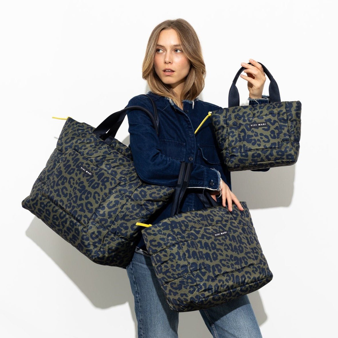 padded tote bag large + strap basic woven slim - leo splashes navy/olive - VIVI MARI