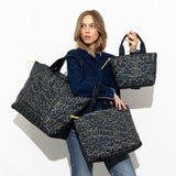 padded tote bag large + strap basic woven slim - leo splashes navy/olive - VIVI MARI