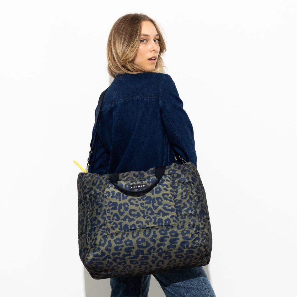 padded tote bag large + strap basic woven slim - leo splashes navy/olive - VIVI MARI