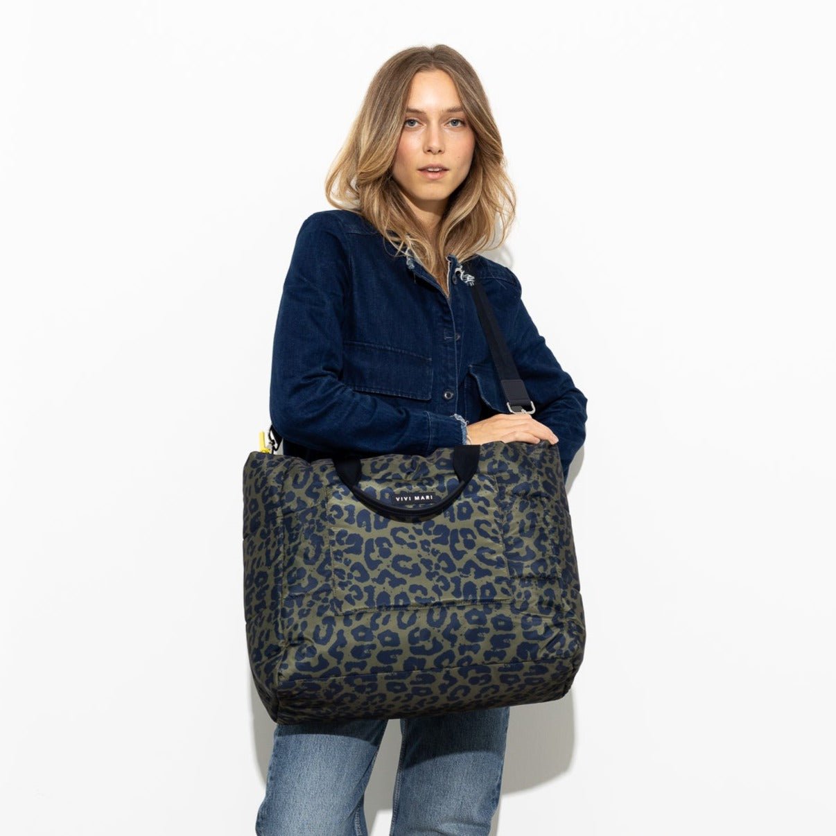 padded tote bag large + strap basic woven slim - leo splashes navy/olive - VIVI MARI