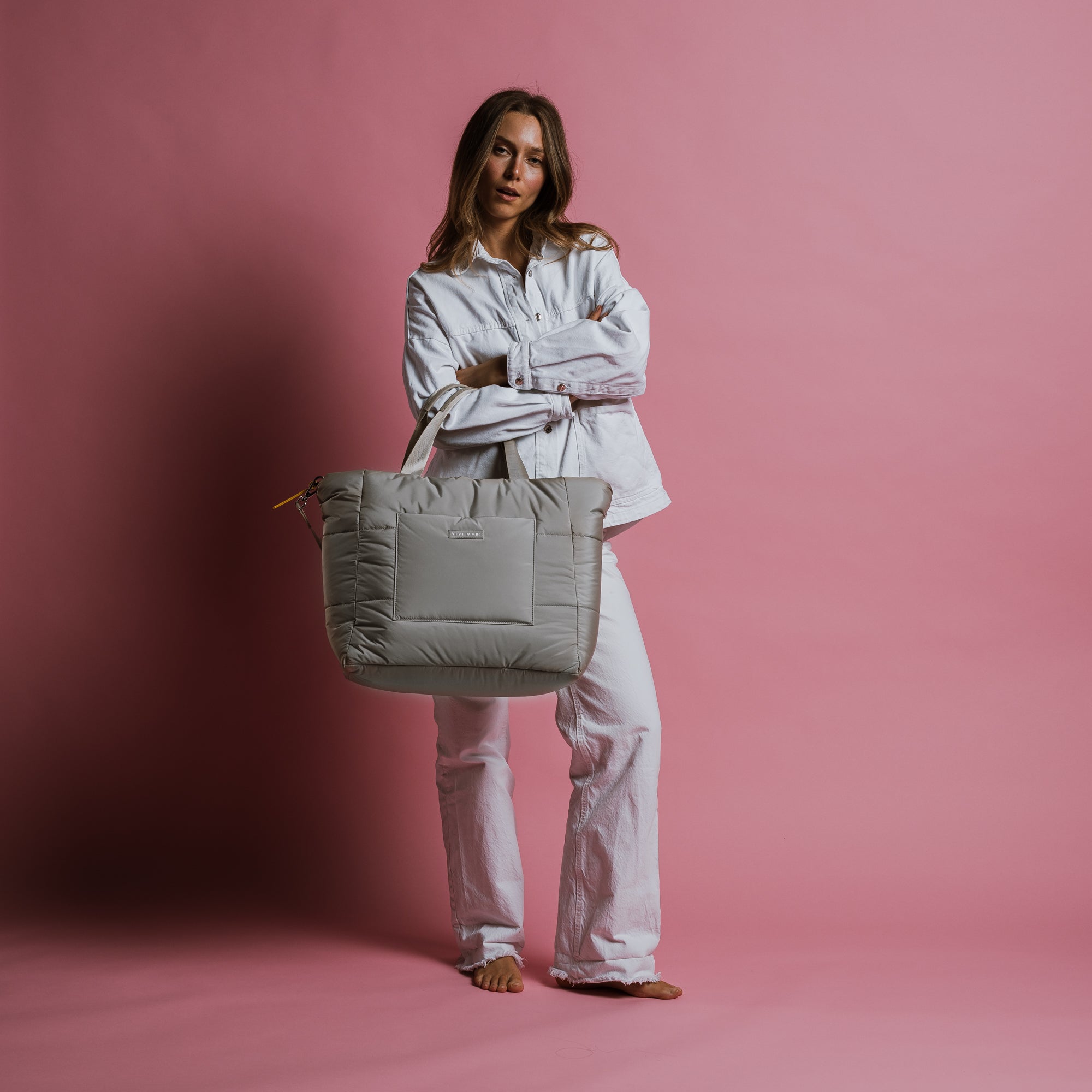 padded tote bag large + strap basic woven slim - stone - VIVI MARI