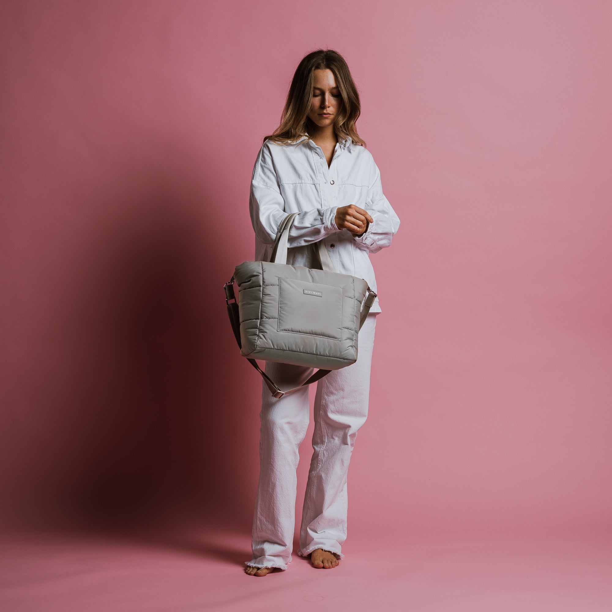 padded tote bag medium + strap basic woven slim - stone - VIVI MARI