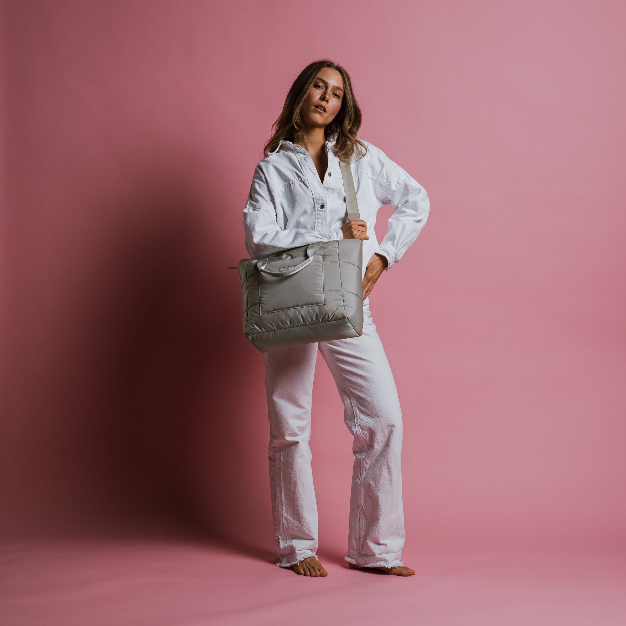 padded tote bag medium + strap basic woven slim - stone - VIVI MARI