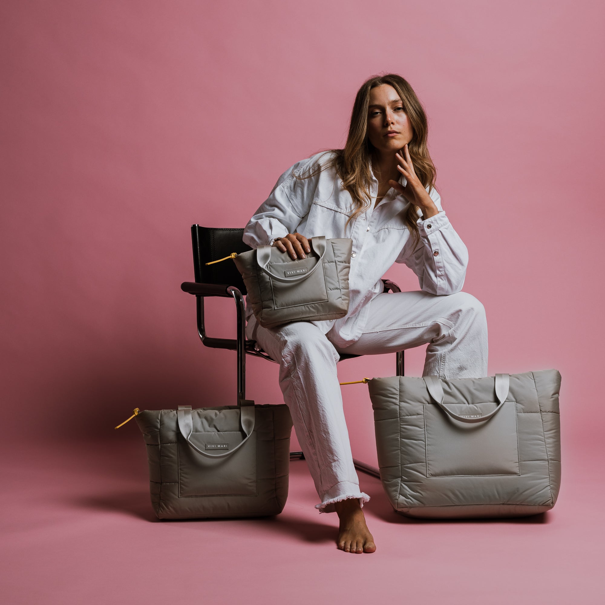padded tote bag medium + strap basic woven slim - stone - VIVI MARI