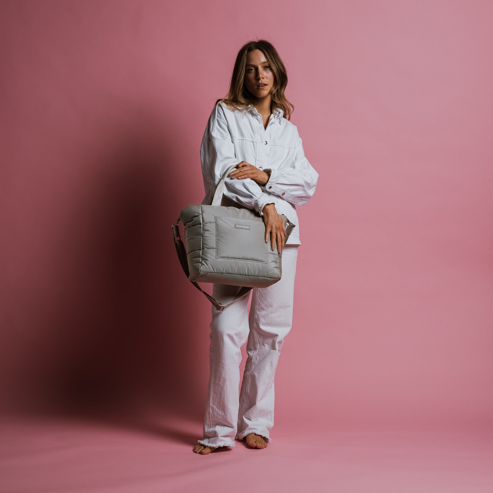 padded tote bag medium + strap basic woven slim - stone - VIVI MARI