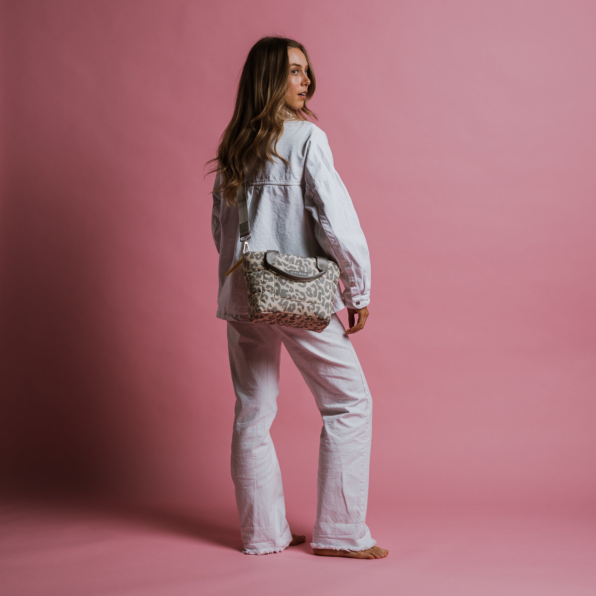 padded tote bag small + strap basic woven slim - leo splashes grey/sand - VIVI MARI